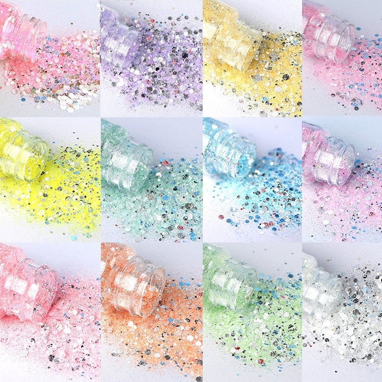 12 pastel colours, 20g glitter, Nail Glitter, Resin glitter, Pastel Glitter, glitter for earrings, nail art glitter.