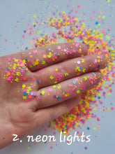 50g Fluorescent Neon Mixed glitters with butterflies, hexagons + Dots