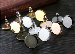 10pcs 8/10/12/14mm Plated Cabochon post, Stainless Iron Earring Studs, Earring post (with Ear plug)  Cabochon earring base, glass cabochon
