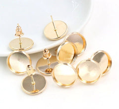10pcs 8/10/12/14mm Plated Cabochon post, Stainless Iron Earring Studs, Earring post (with Ear plug)  Cabochon earring base, glass cabochon