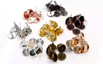 10pcs 8/10/12/14mm Plated Cabochon post, Stainless Iron Earring Studs, Earring post (with Ear plug)  Cabochon earring base, glass cabochon