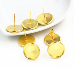 10pcs 8/10/12/14mm Plated Cabochon post, Stainless Iron Earring Studs, Earring post (with Ear plug)  Cabochon earring base, glass cabochon