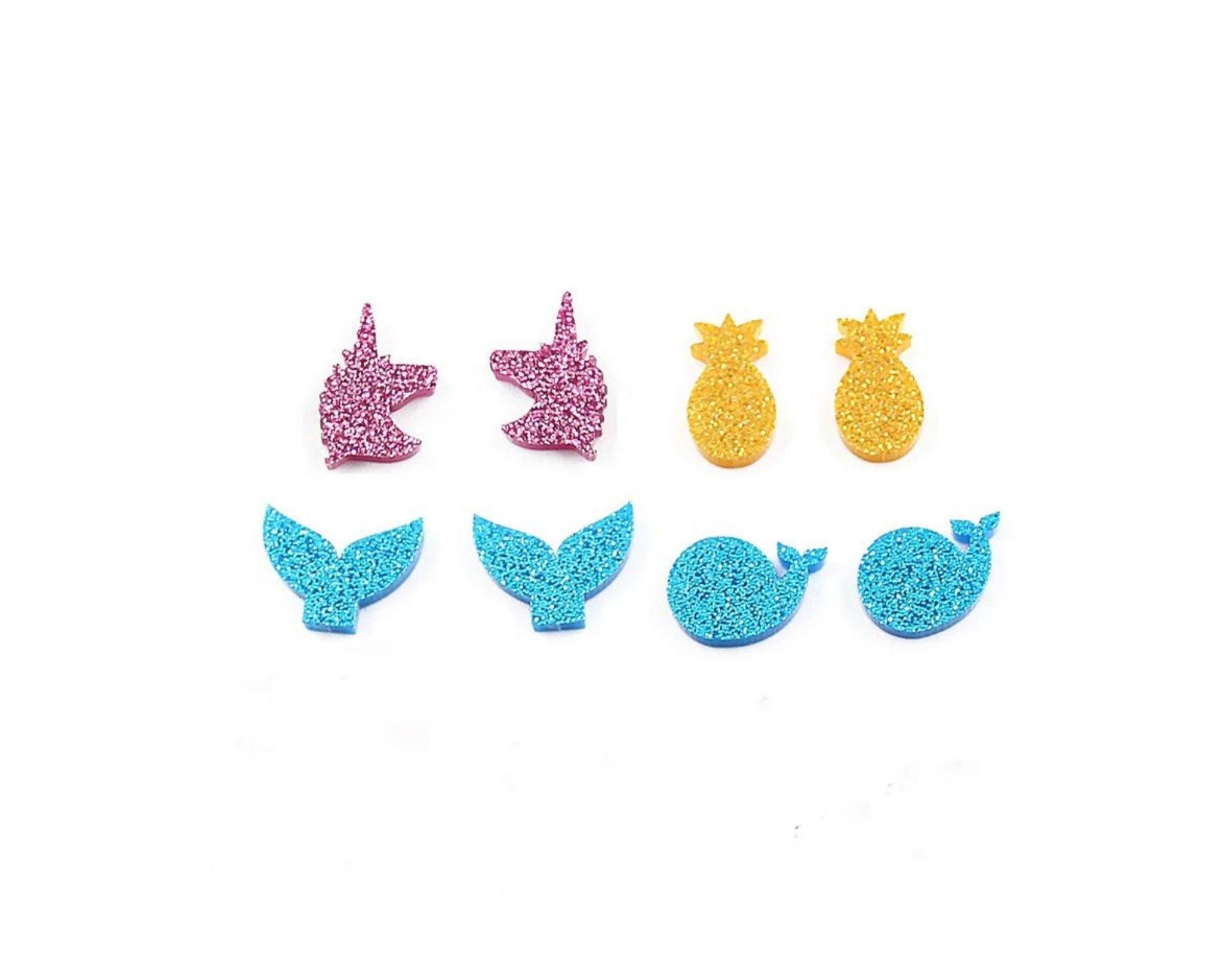 20pcs (10prs) 14mm Laser cut acrylic Glitter Earring (No Stud back) Whale Pineapple Mermaid Tail Unicorn Earrings cabochon, flat back